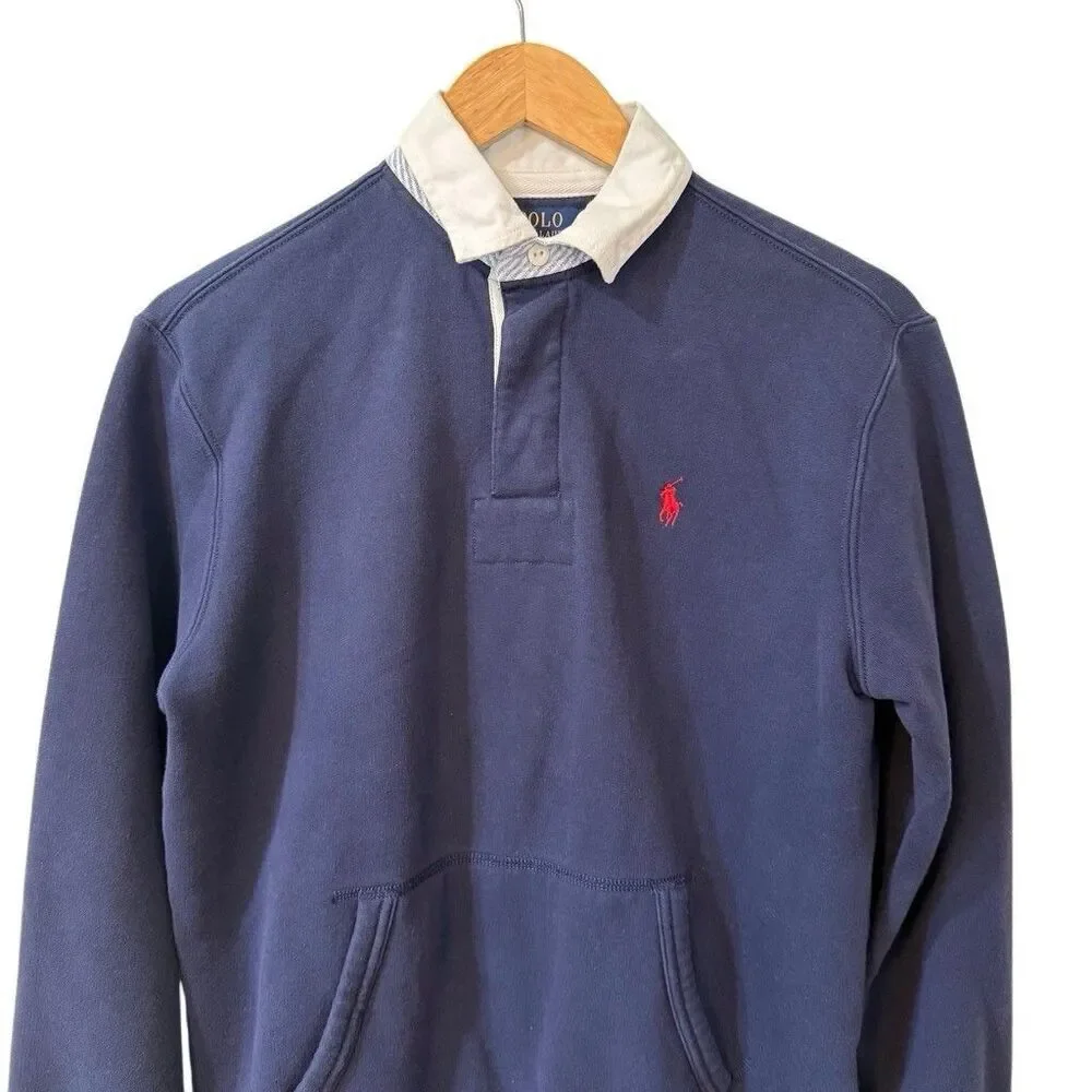 Polo Ralph Lauren Mens Small Navy Solid Classic Fit Fleece Rugby Polo Shirt